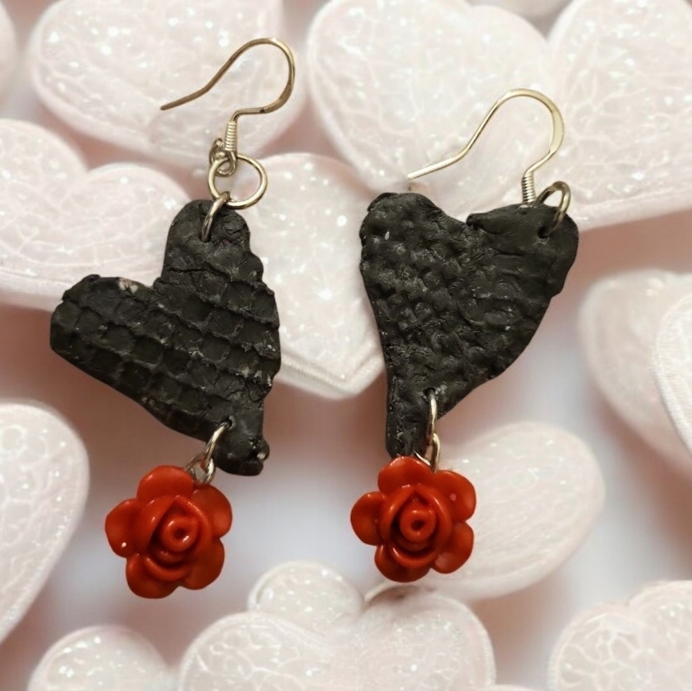 Valentine Day Silver Plated Polymer Clay Heart Roses Earrings